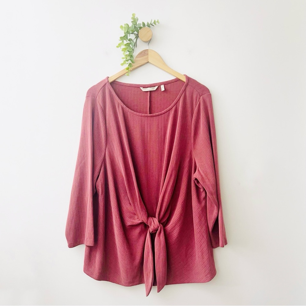 Soft Surroundings Corrie Pink Minimalist Ribbed Knit Front Knot 3/4 Blouse